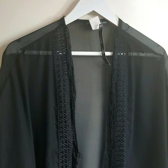 3/$28 NWT black sheer lingerie style kimono cardigan w fringe M - Picture 3 of 8